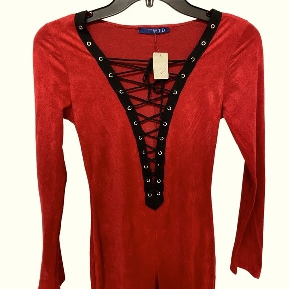 SHOP WTD Red Velvet Stretch Jumpsuit - Picture 3 of 6